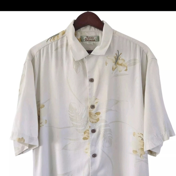 Tommy Bahama Button Silk Shirt Top Cream Tan Palms Flowers Hawaiian Camp - Picture 2 of 7